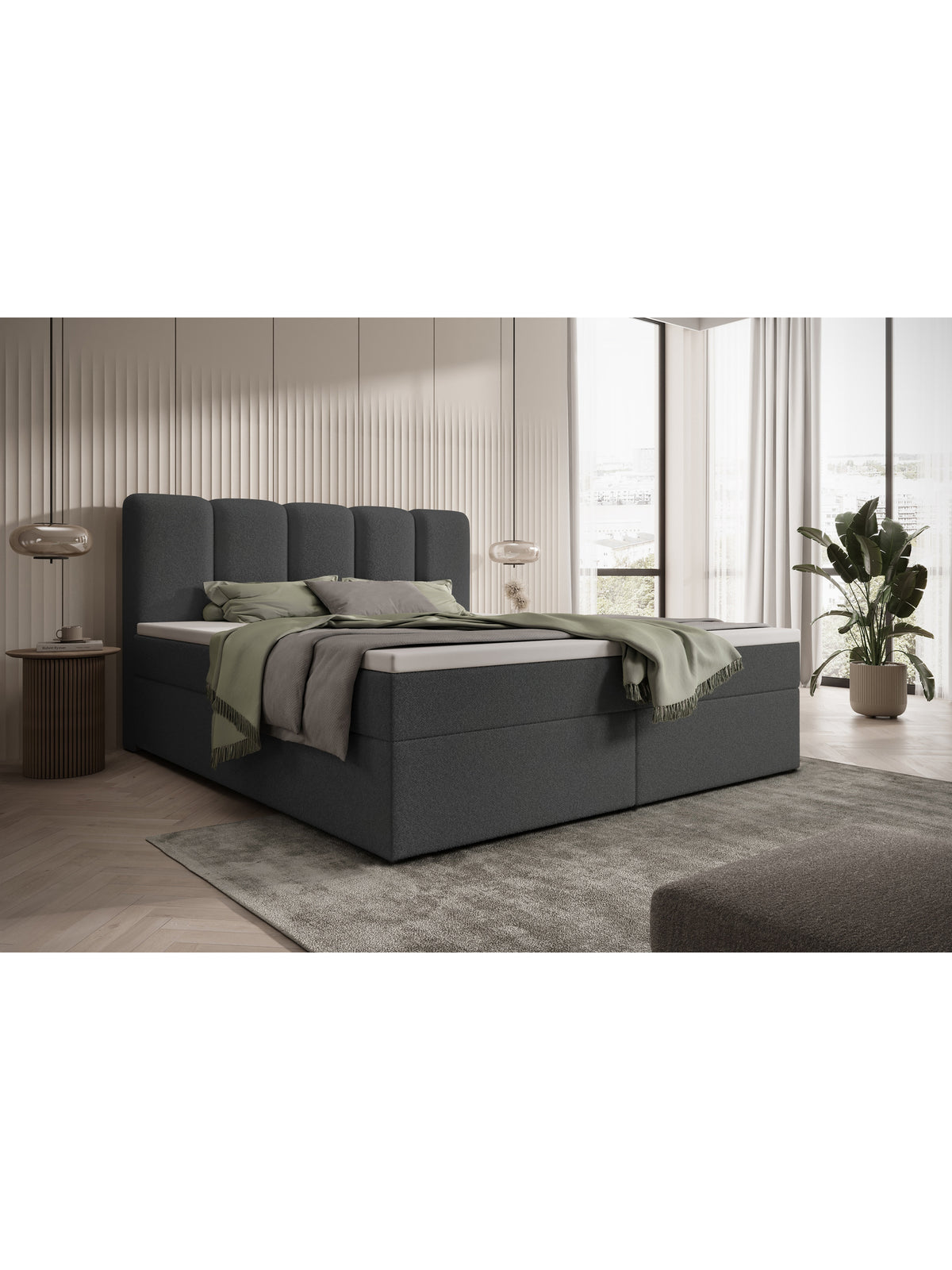 Pat continental Tenor 160x200 gri închis din stofă bouclé Quelle 92 cu spații de depozitare laterale