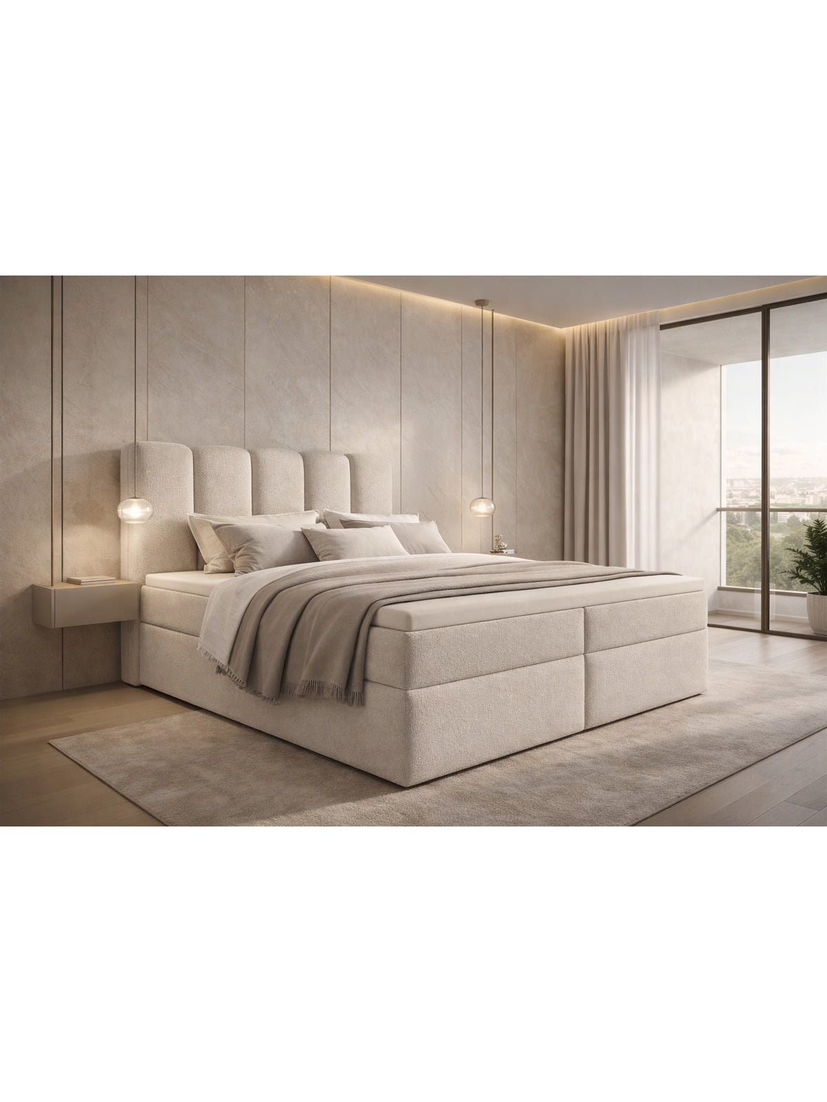 Pat continental Tenor 180x200 bej boucle Quelle 03 cu spații de depozitare și mecanism pe gaz