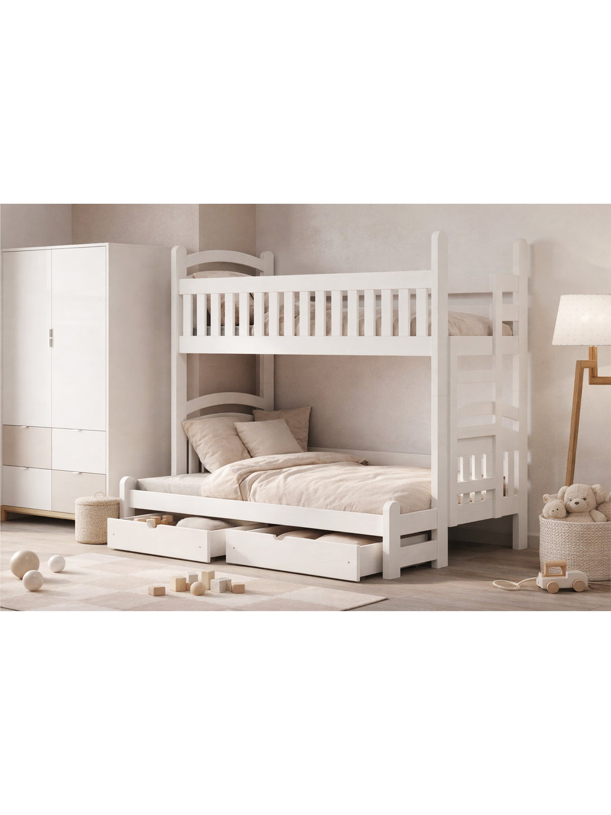Pat patru Amely Maxi 90x200/140x200 dreapta alb cu sertare și scară