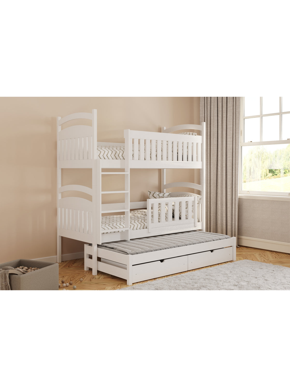Pat etajat Amely 90x200 copii cu extensie, alb, cu trei somiere