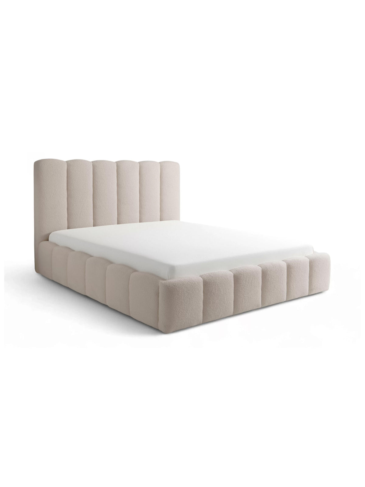 Pat tapițat Aura 180x200 bej bouclé cu tăblie înaltă, verticală