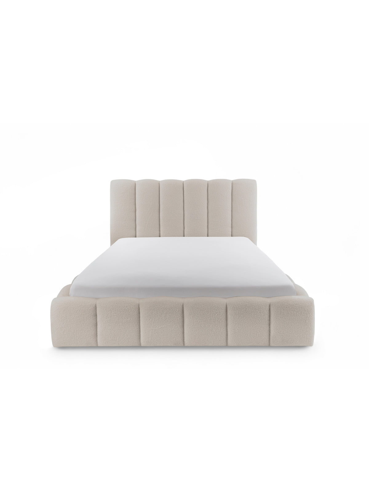 Pat tapițat Aura 180x200 cu material beige boucle și tăblie înaltă captusită