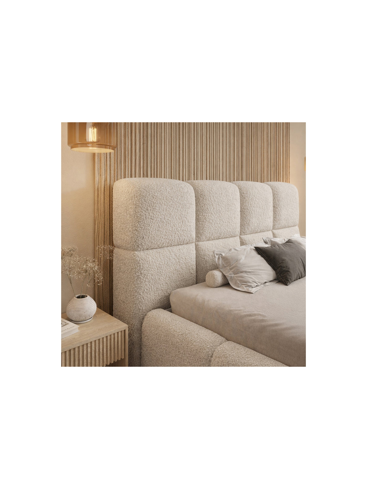 Pat tapitat Cloud 160x200 bej boucle, detaliu tetiere capitonate