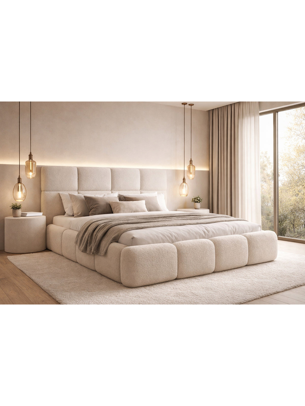 Pat tapițat Cloud 160x200 cu spațiu de depozitare, material bej boucle, vedere frontală