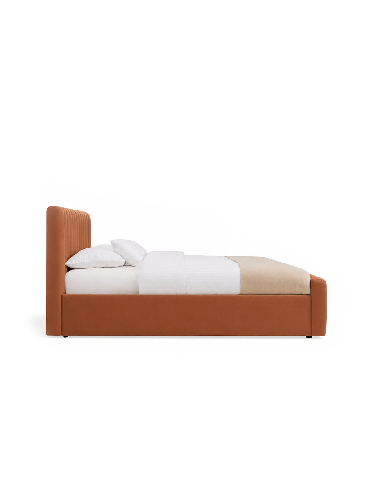 Pat tapițat Livani 160x200 cu spațiu depozitare catifea cupru Velluto 33 profil lateral