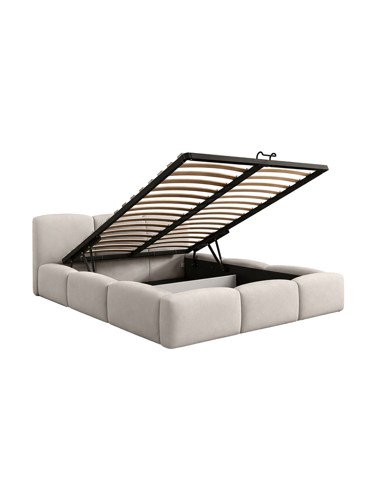 Łóżko tapicerowane Marios 160x200 jasny beż welur z pojemnikiem na pościel otwarte