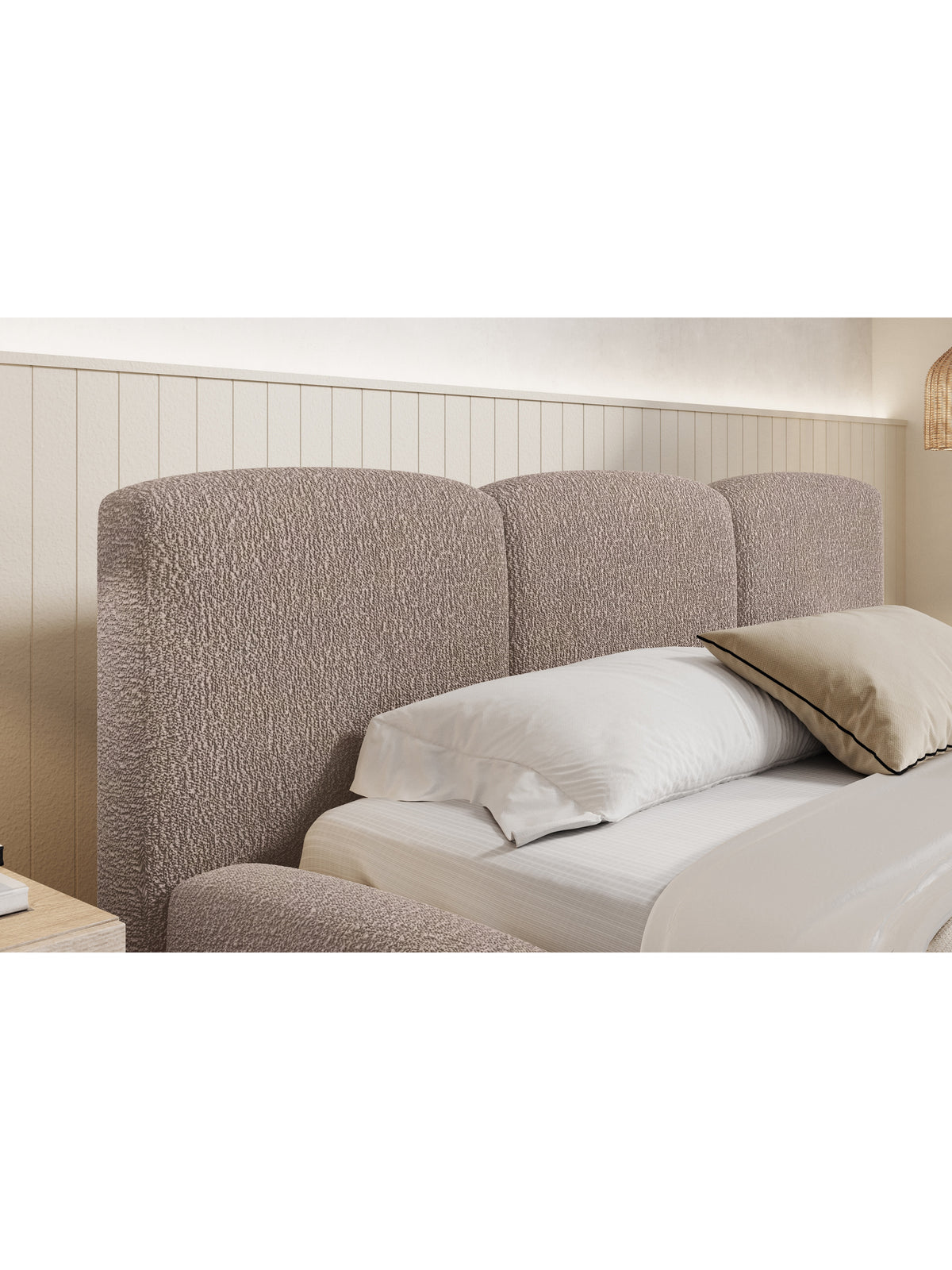 Pat tapițat Marios 180x200 bej închis boucle, cu tăbliu înalt