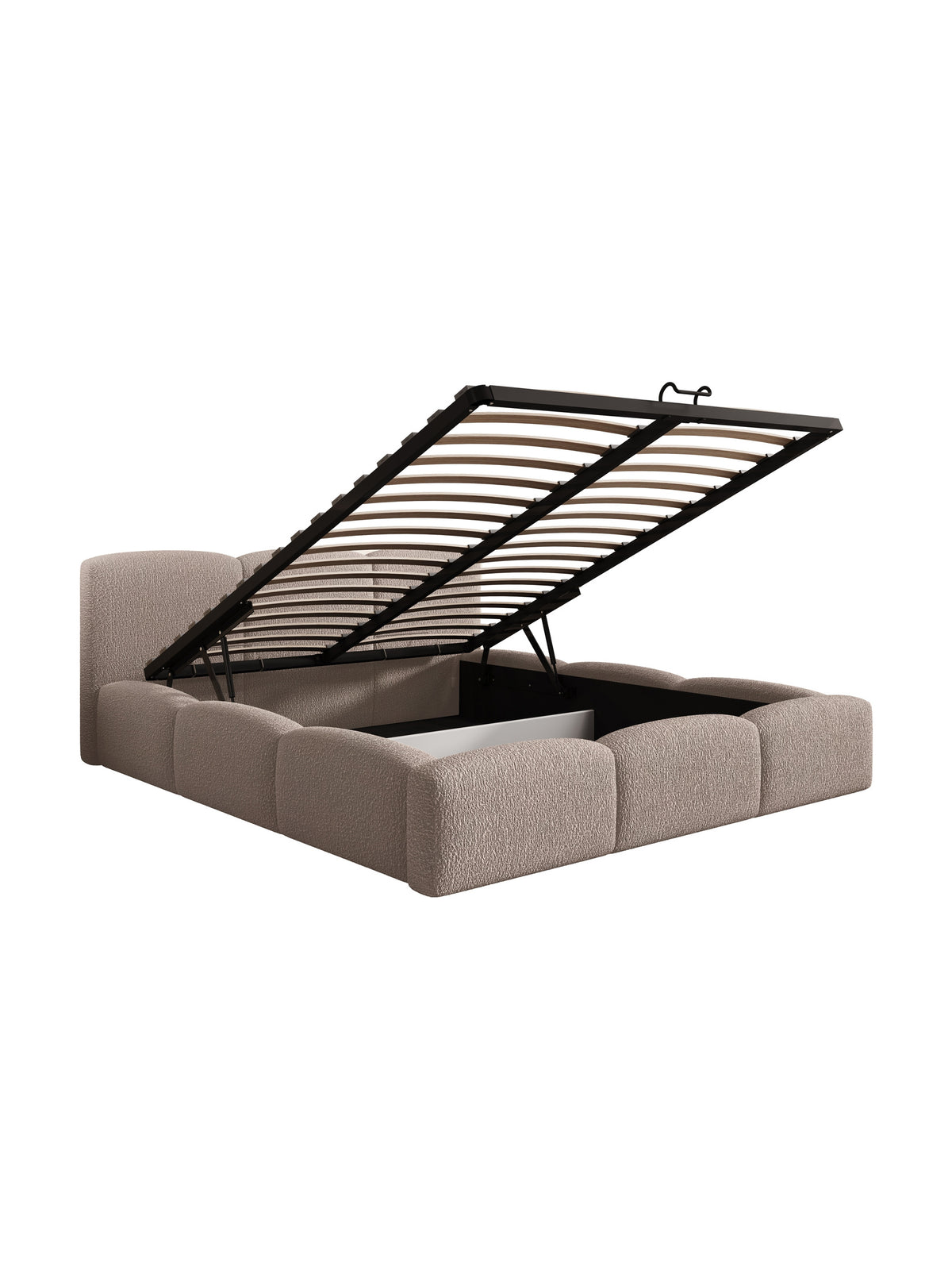 Pat tapițat Marios 180x200 cu spațiu de depozitare, material boucle bej închis, somieră rabatabilă
