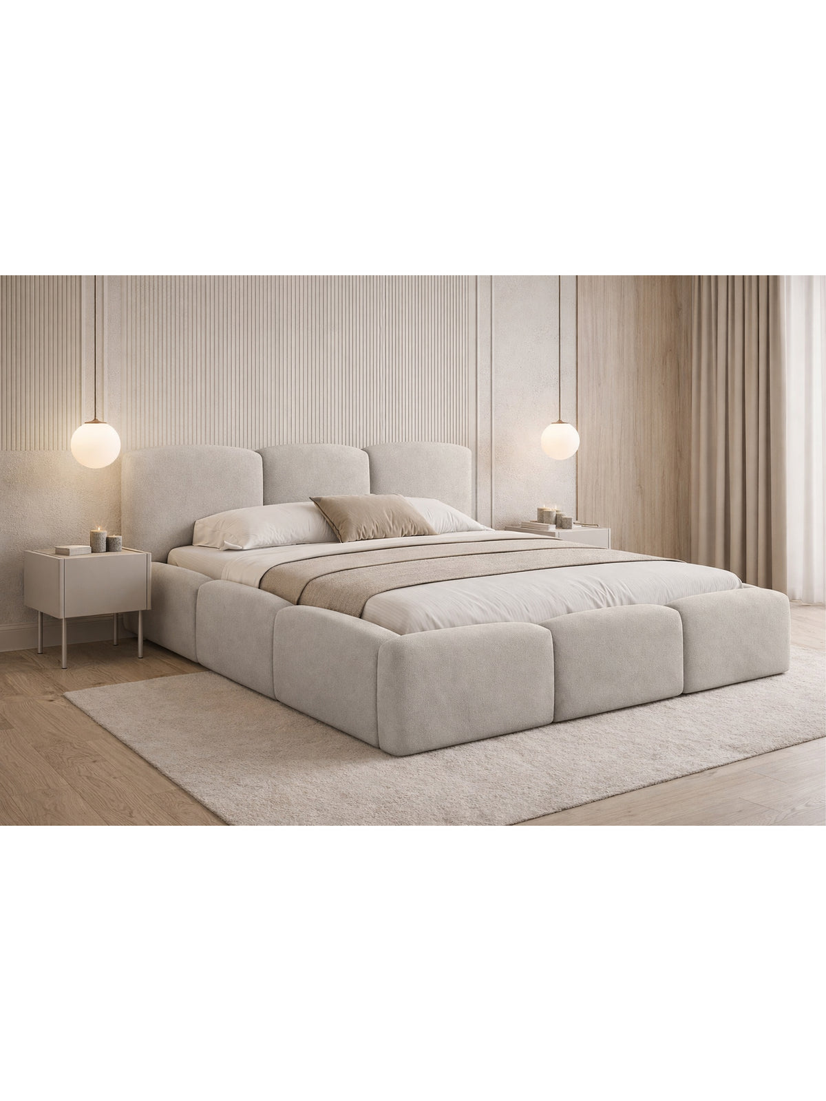Pat tapițat Marios 180x200 bej deschis velur Castel 03 cu spațiu de depozitare