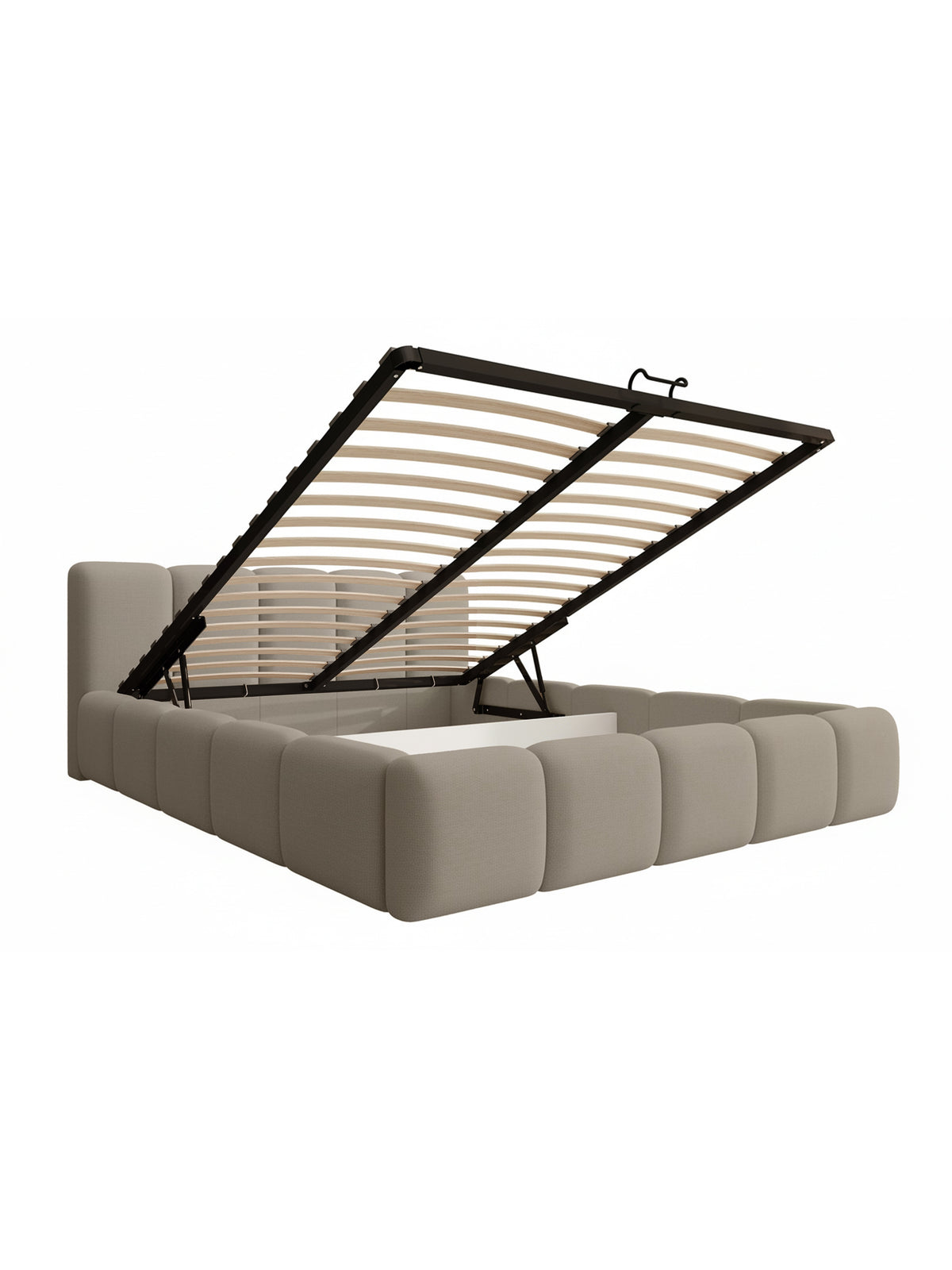 Pat tapițat Tesia 160x200 cu spațiu de depozitare, catifea bej, somieră ridicată