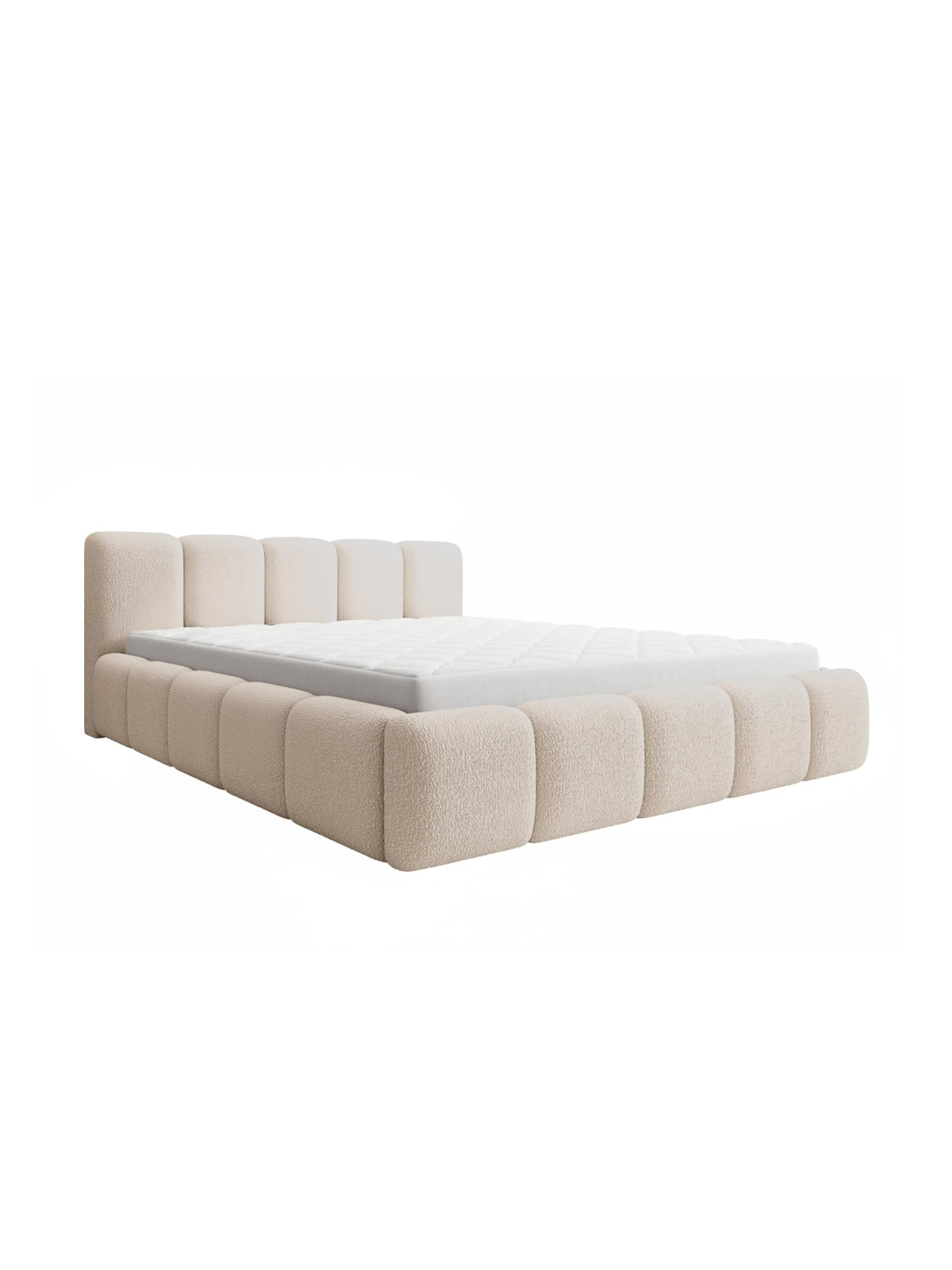 Pat tapițat Tesia 180x200 bej bouclé cu spațiu de depozitare vedere laterală