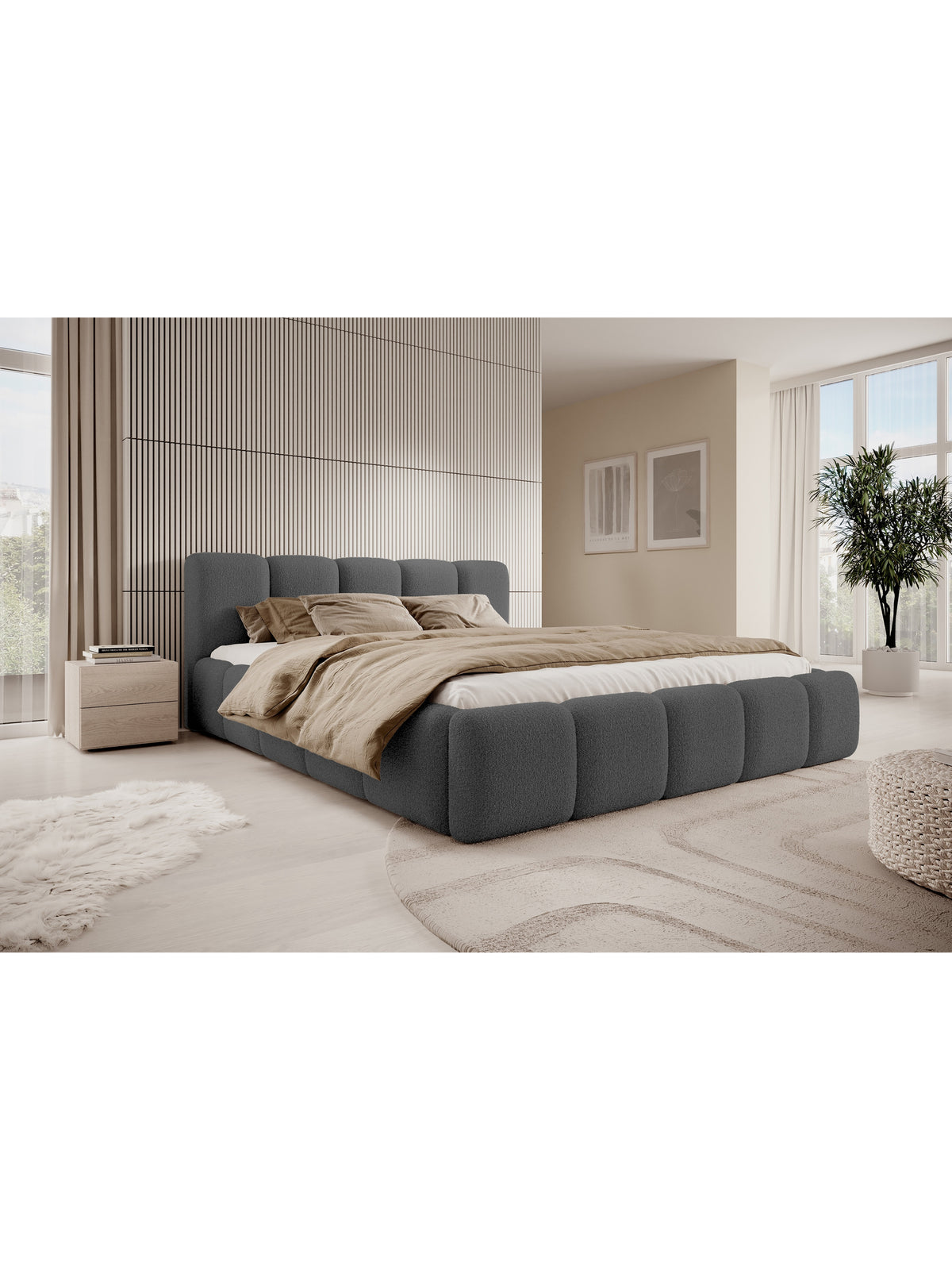 Pat tapițat Tesia 180x200 cu spațiu de depozitare, material bouclé gri închis, vedere frontală