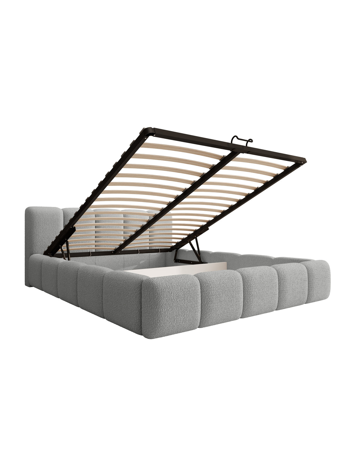 Pat tapițat Tesia 180x200 gri bouclé cu somieră rabatabilă și spațiu de depozitare