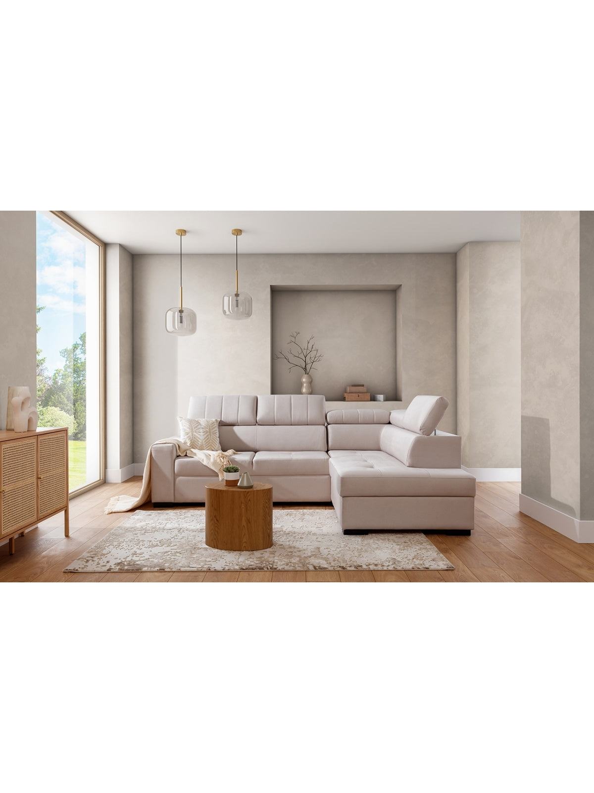 Colțar cu funcție de dormit Modeno L, culoare deschisă, cu tetieră reglabilă, în decor living modern