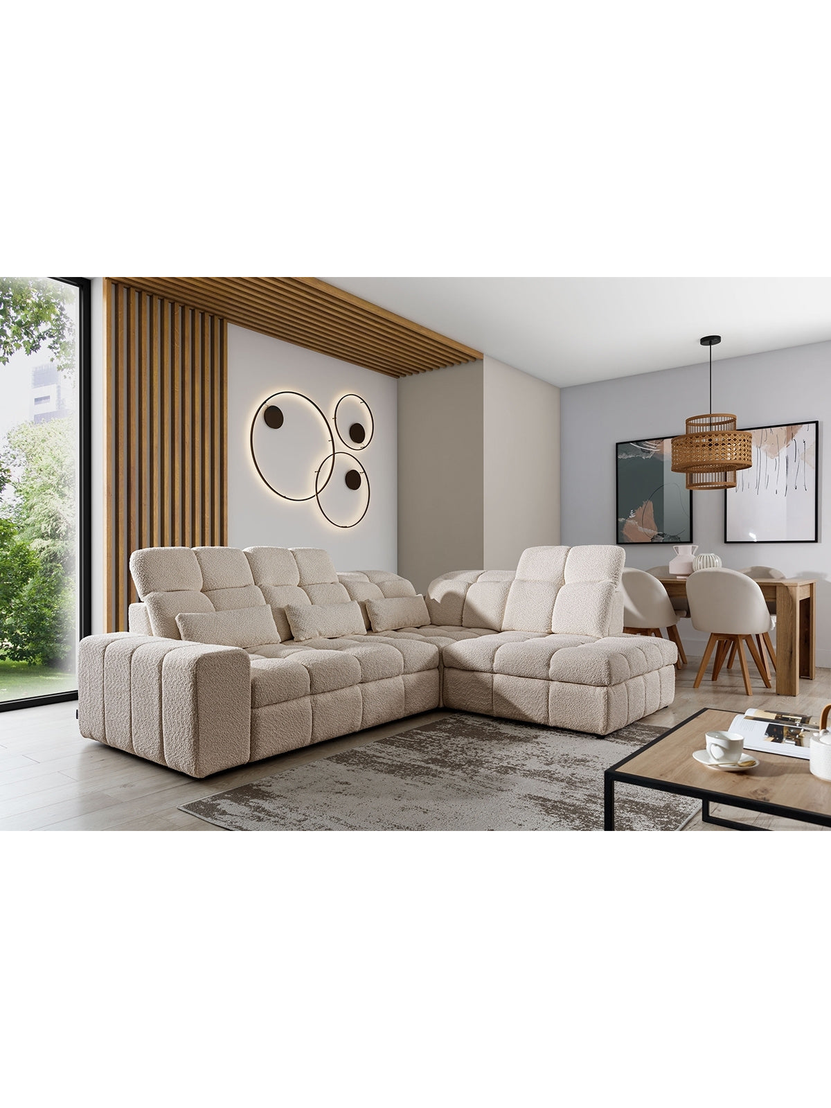 Colțar electric Magnelio L drept, bej boucle Catch Me 02 în living modern, vedere colțar