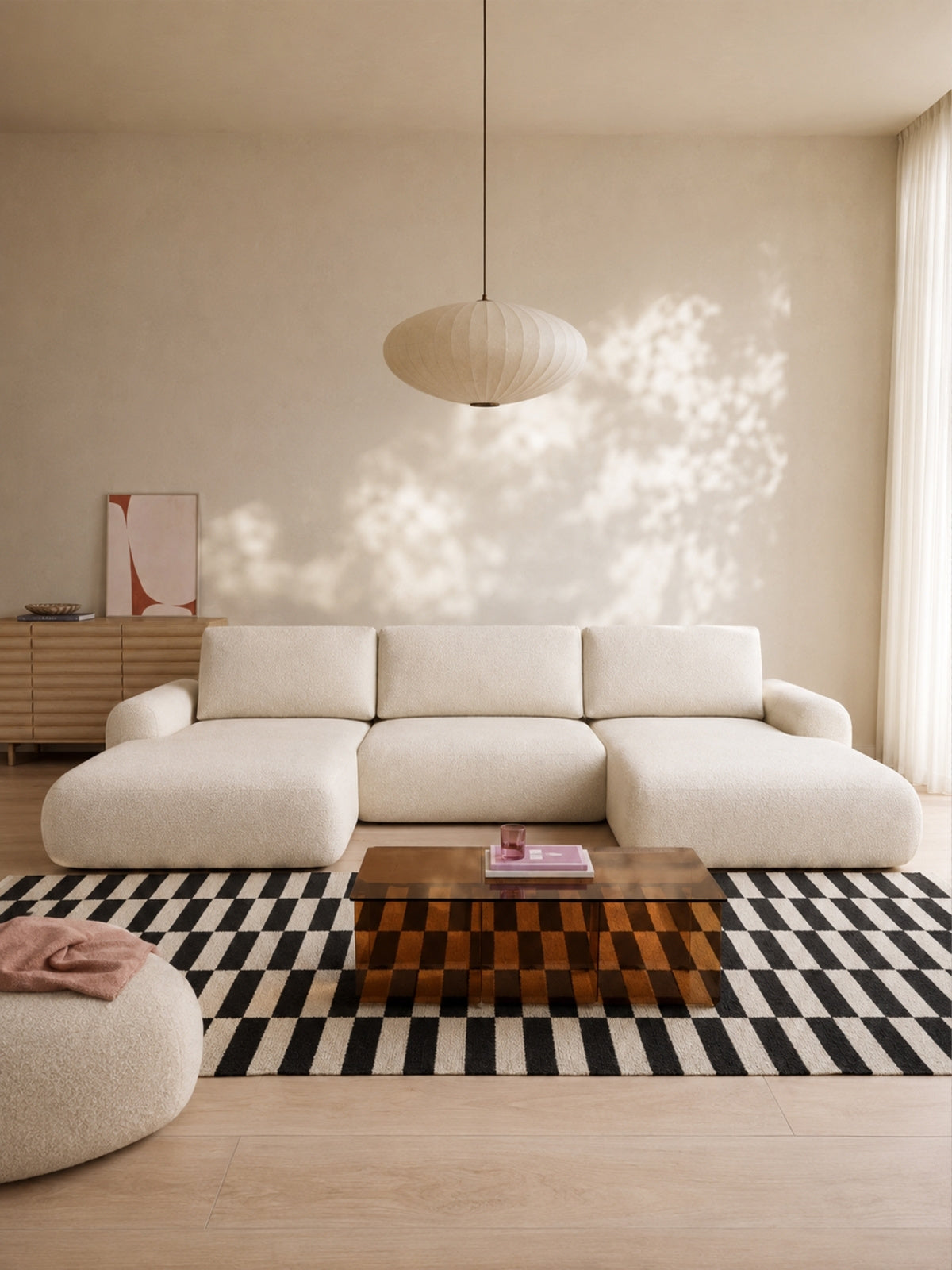 Colțar Lotulis U cu funcție de dormit, țesătură crem Ado 1601, design modern bej