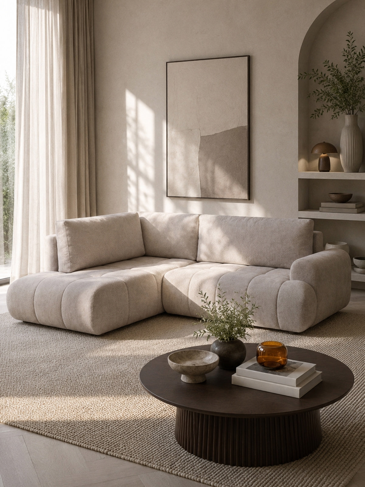 Colțar Lutario L cu funcție de dormit, stânga, bej material szenil Vibe 08, design modern