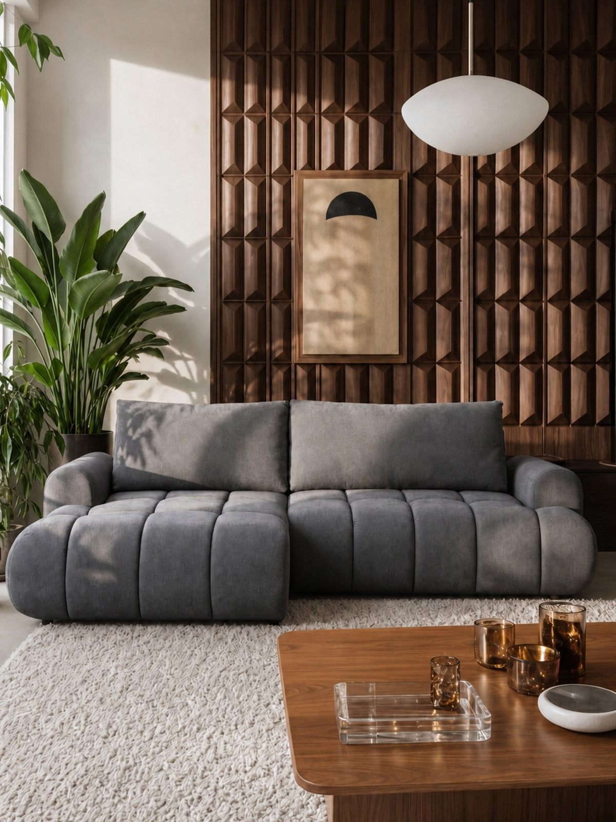 Colţar Lutario Mini stânga tapiţerie gri Vibe 95 într-un living modern