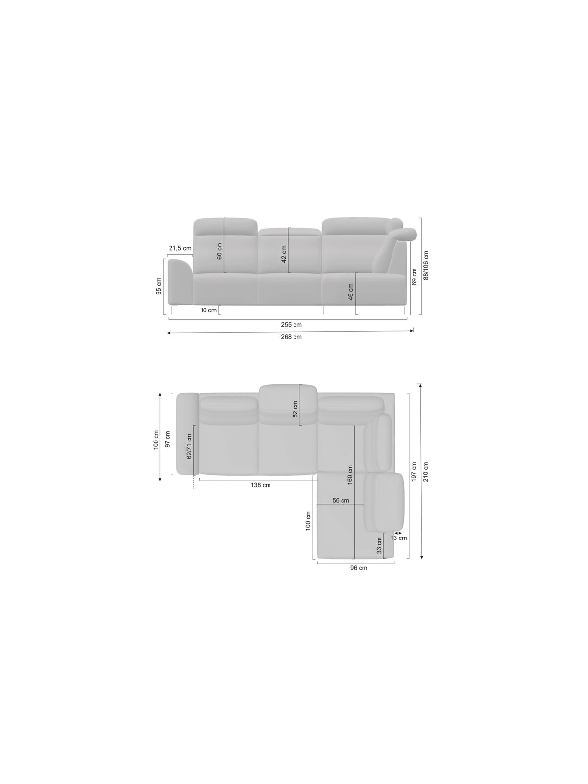 Colțar Magnis L stânga cu funcție de dormit și picioare metalice negre, vedere dimensiuni