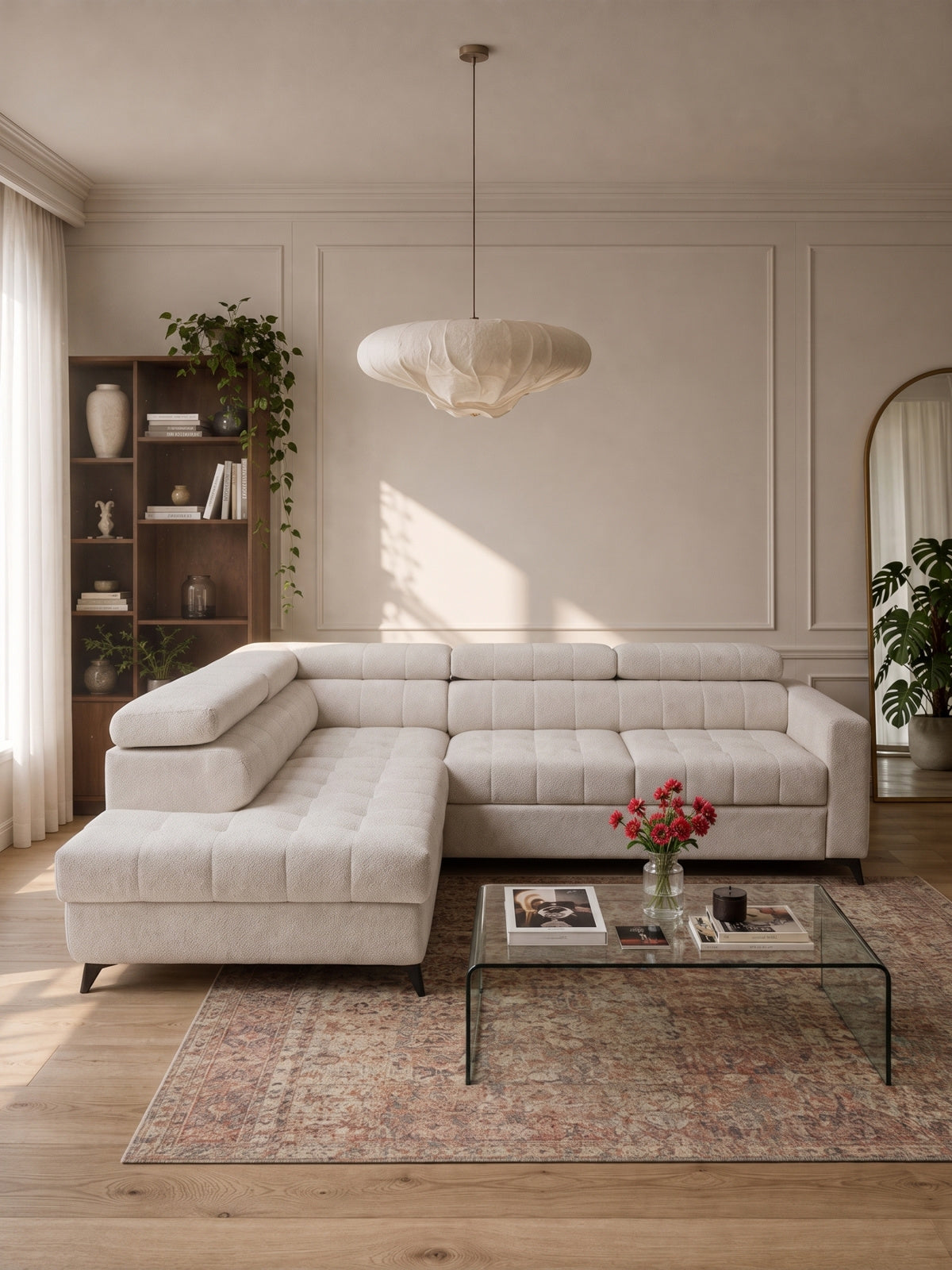 Narożnik Nardo L lewostronny jasny beżowy szenil Vibe 06, regulowane zagłówki, nowoczesny design