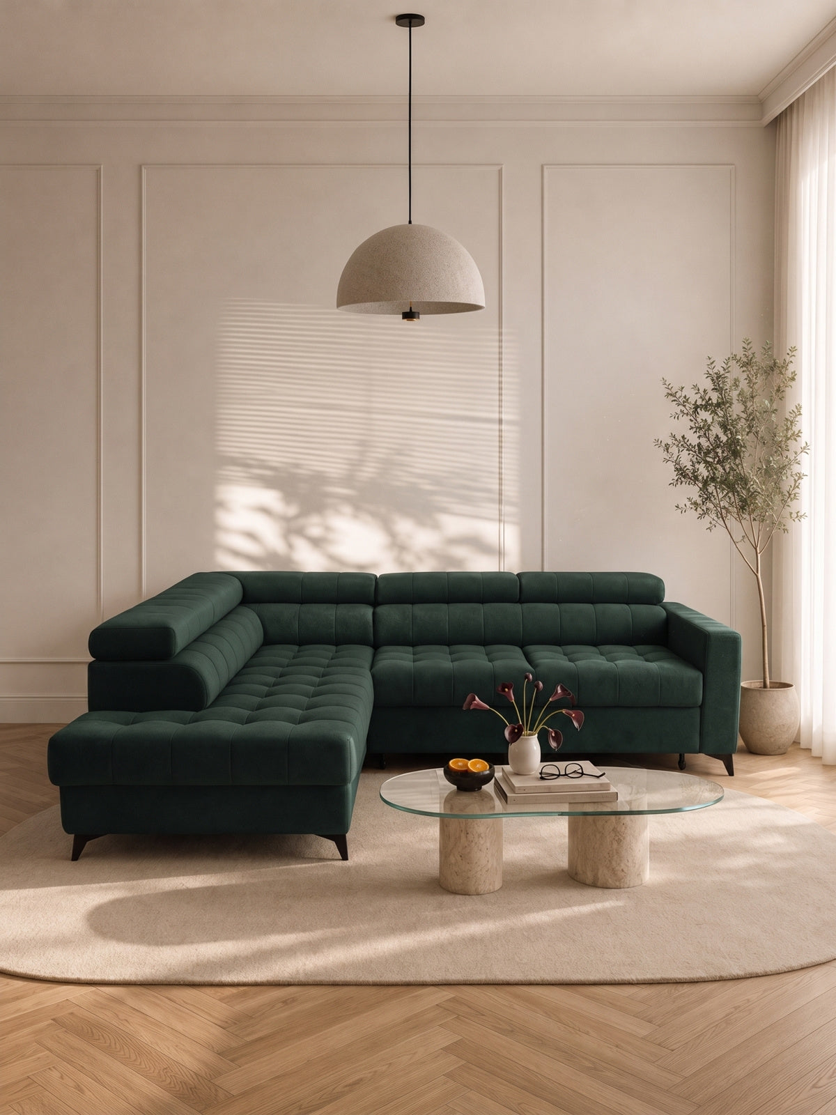 Colțar Nardo L stânga, catifea verde Bluvel 78, design modern, vedere completă a colțarului