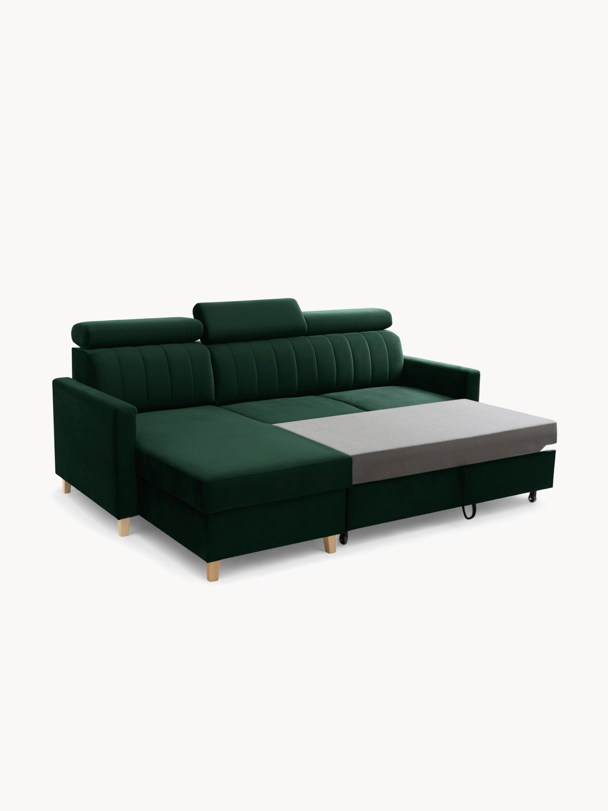 Colțar Vario verde catifea Bluvel 78 universal cu funcție de dormit și tetieră reglabilă