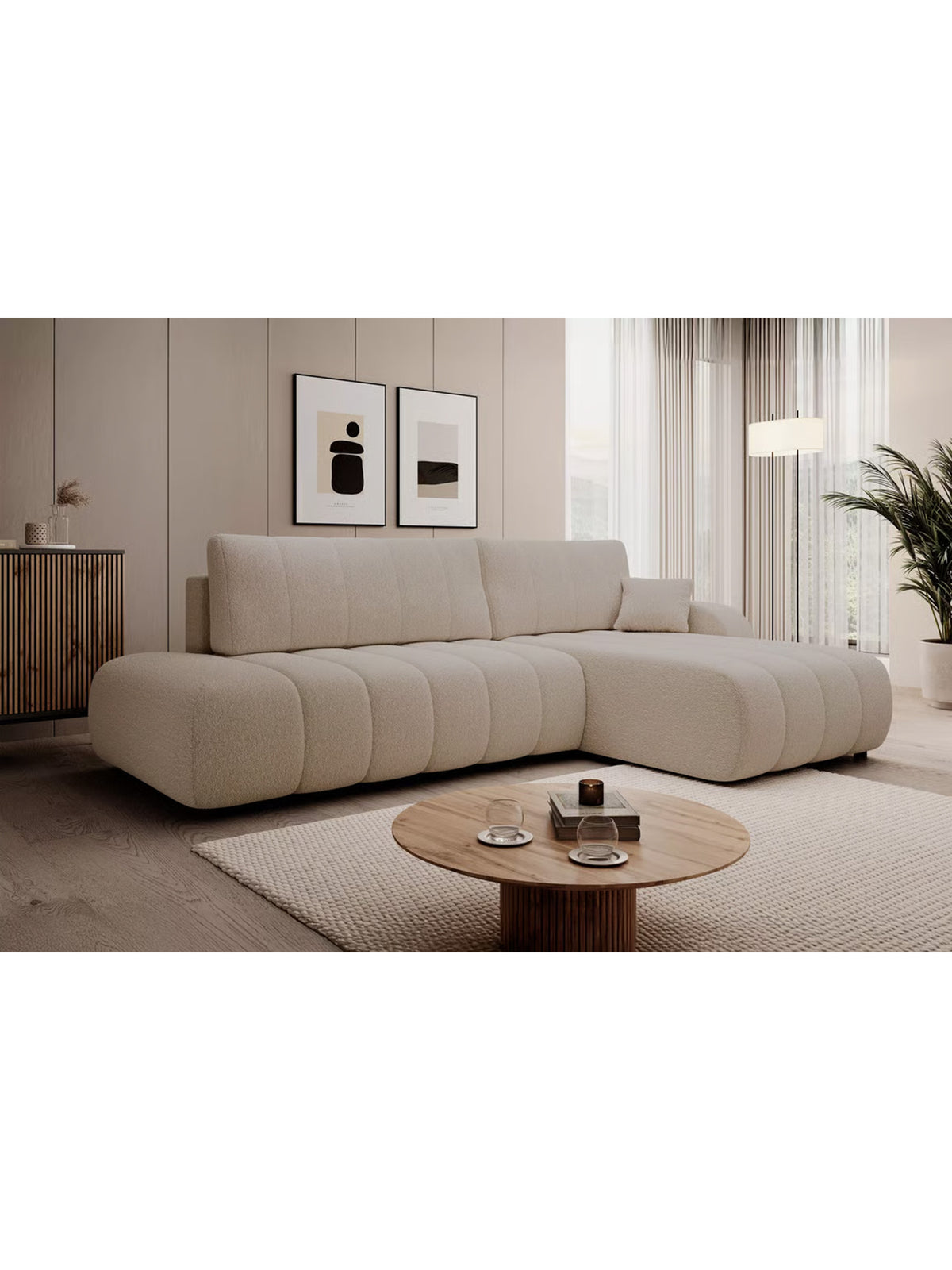 Colțar Zelio cu funcție de dormit dreapta bej deschis boucle Lambi 8 stil modern
