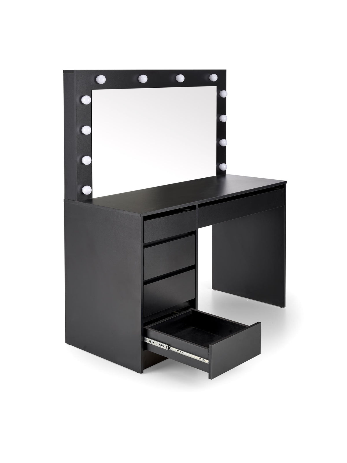 Masa de toaletă Velinio XL 120 cm neagră cu oglindă și iluminare LED, 5 sertare