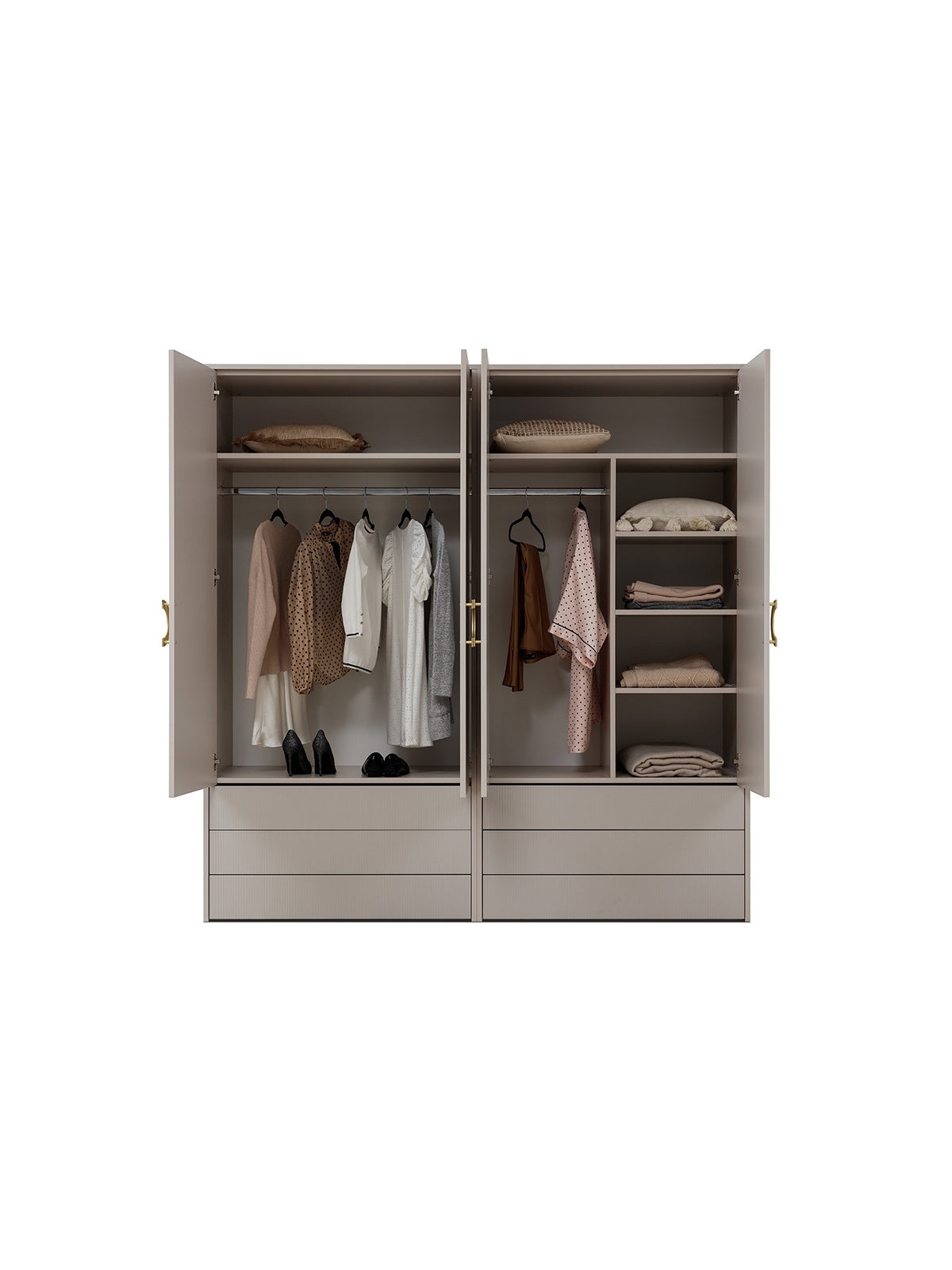 Dulap Nubo 100 cm cashmere cu fronturi striate, 2 uși, 3 sertare și rafturi, vedere interior