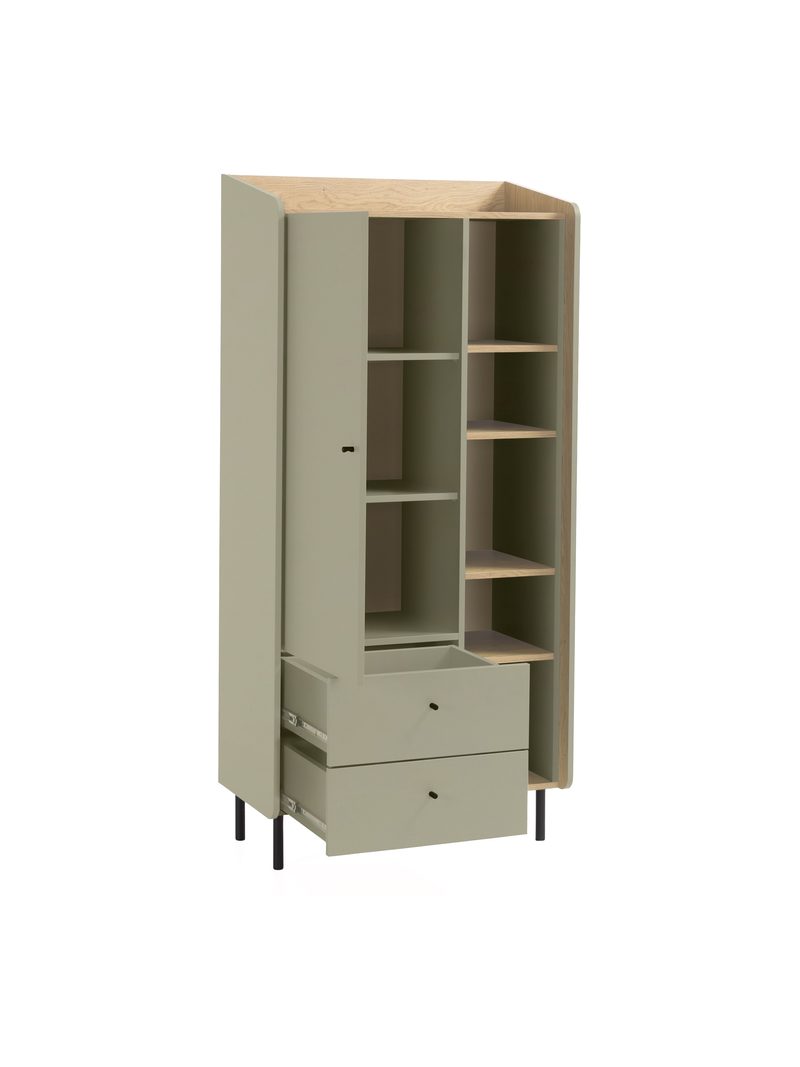 Raft Fiorenza 80 cm cu 1 ușă, 2 sertare, eucalyptus și stejar baltic dune