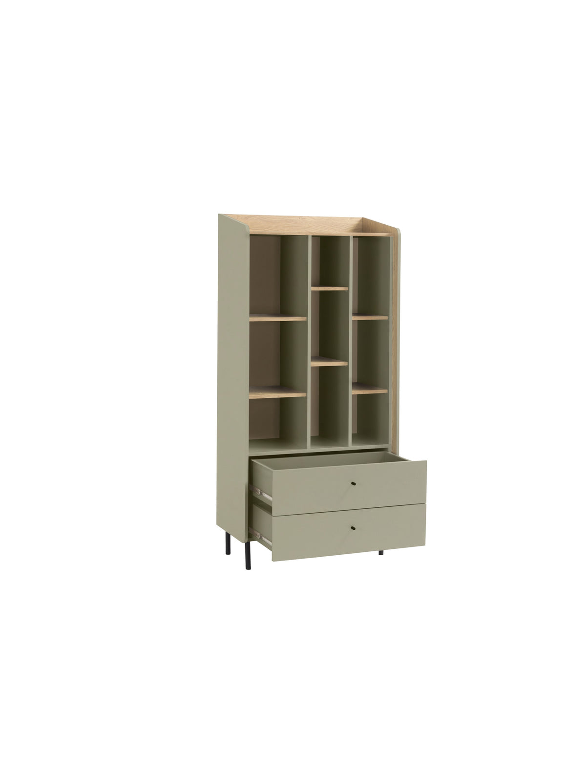 Raft deschis Fiorenza 80 cm cu două sertare, culoare eucalipt și stejar baltic dune