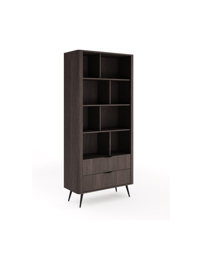 Raft deschis Edrin 88 cm cu două sertare, lemn închis de stejar dunin, picioare negre