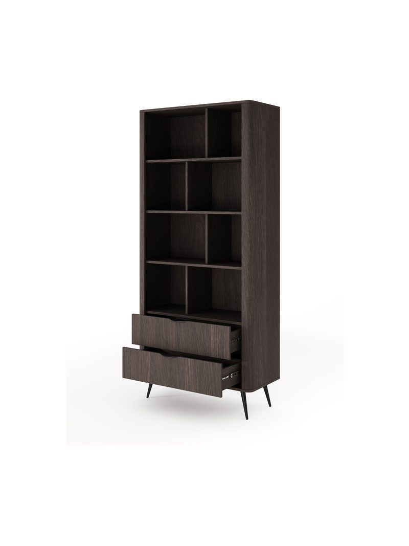 Bibliotecă deschisă Edrin 88 cm lemn închis cu două sertare și picioare negre, vedere frontală