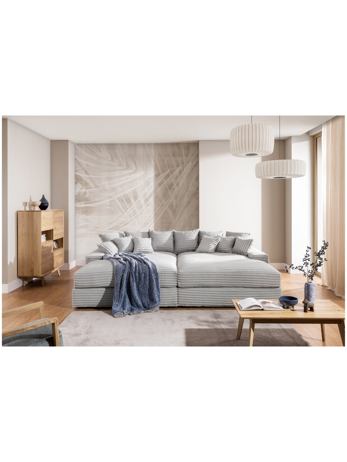 Canapea gri Warmi pentru living cu șezut adânc, model Tilia 83, plus catifelat