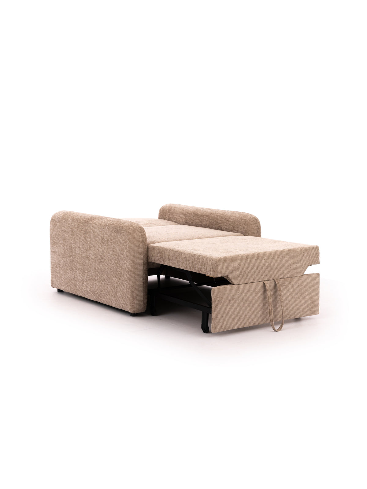 Sofa Masilio z funkcją spania w tkaninie, rozłożona powierzchnia spania
