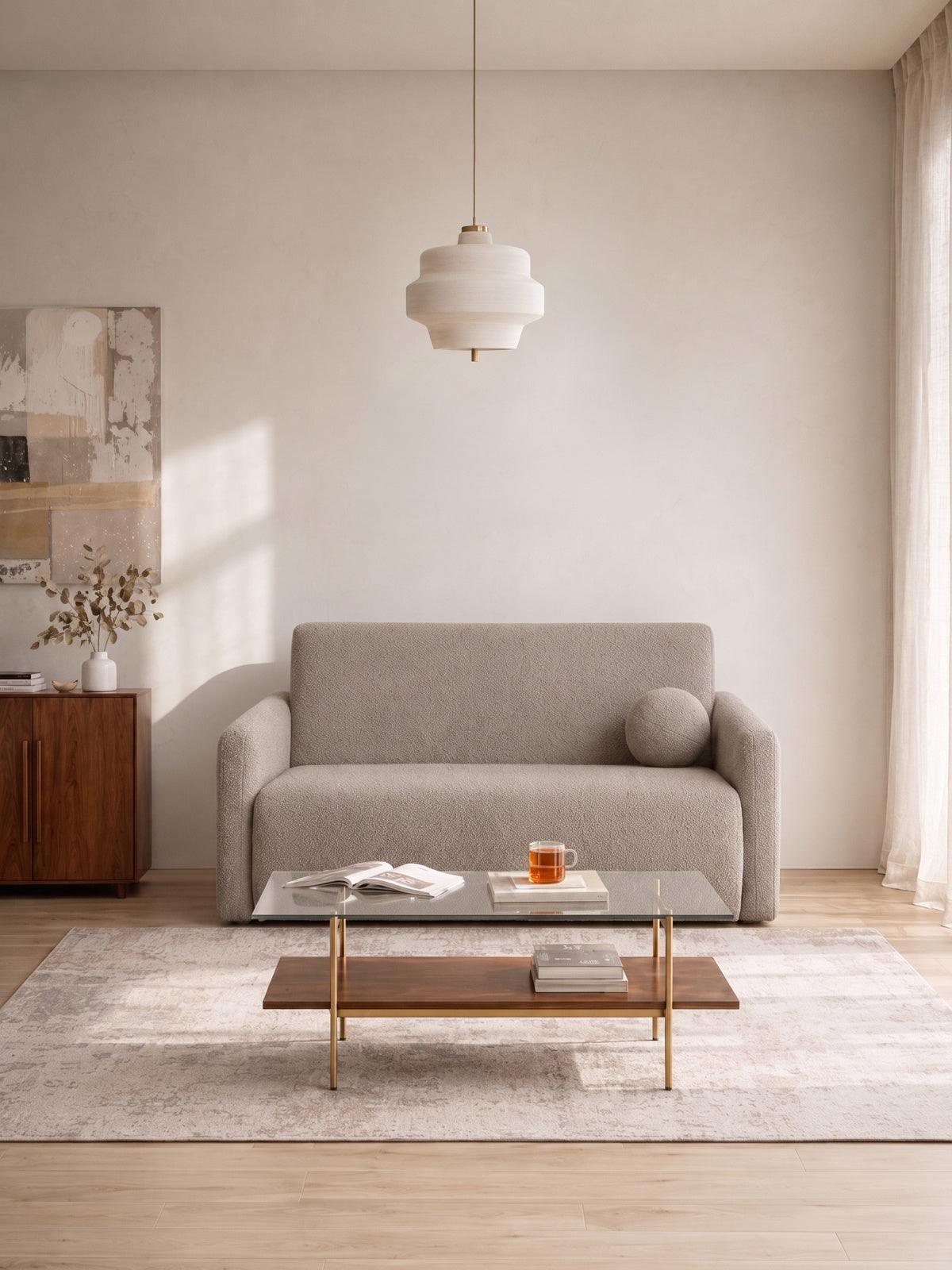 Canapea extensibilă Nido 120 cm bej boucle cu spațiu depozitare