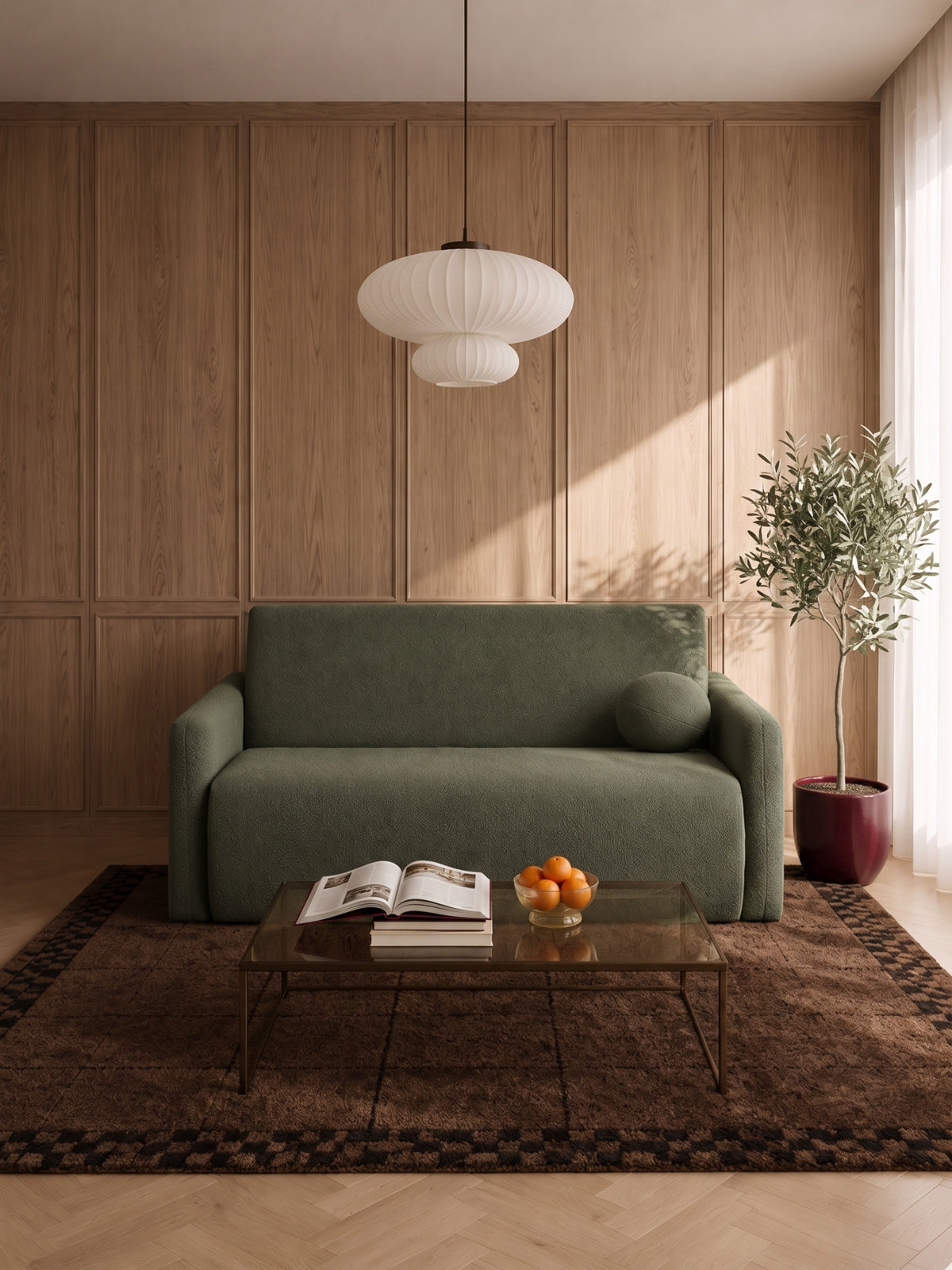 Canapea extensibilă Nido 120 cm verde boucle în decor modern