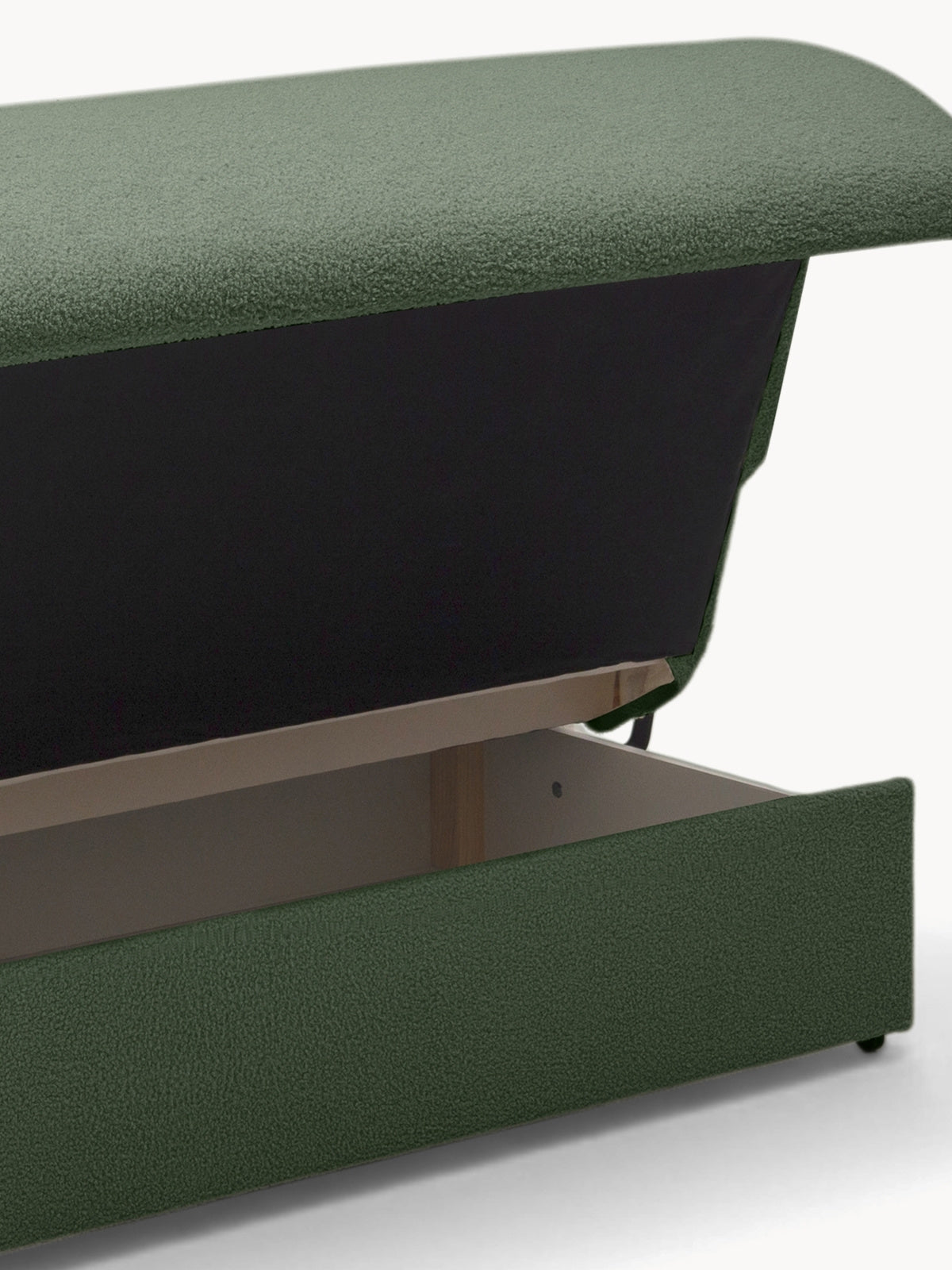Canapea extensibilă Nido 140 cm verde boucle cu spațiu de depozitare deschis