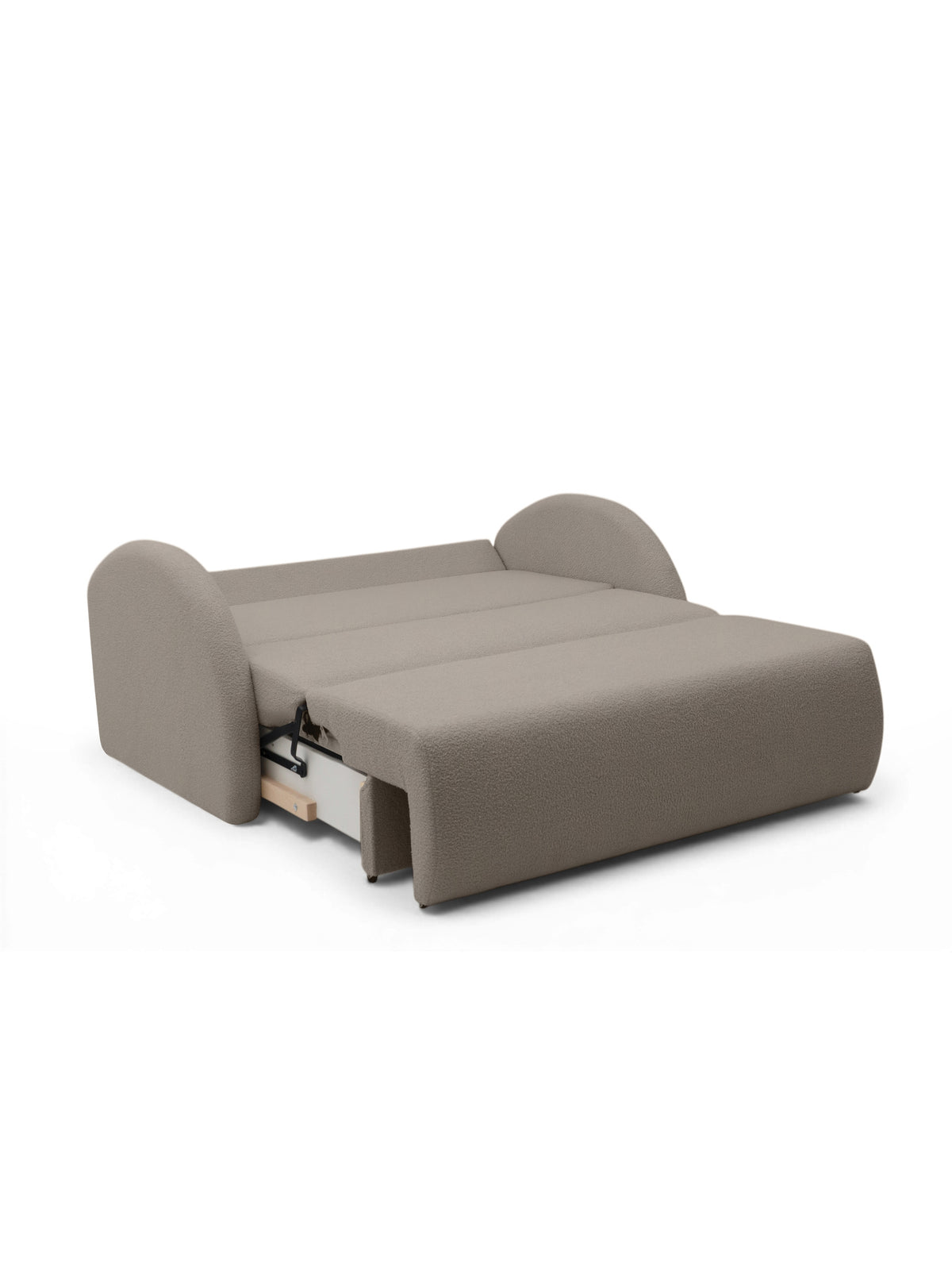 Canapea extensibilă Nubi 120 cm bej boucle cu spațiu de depozitare, vedere extensibilă