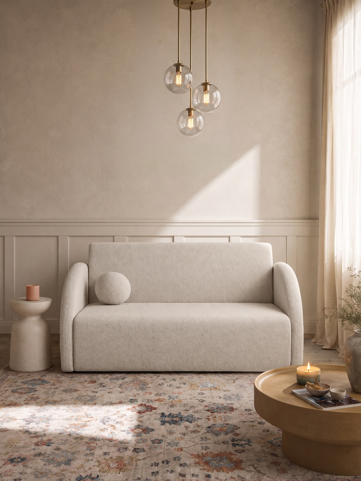 Sofa rozkładana Nubi dwuosobowa 120 cm jasny beżowy boucle z poduszką