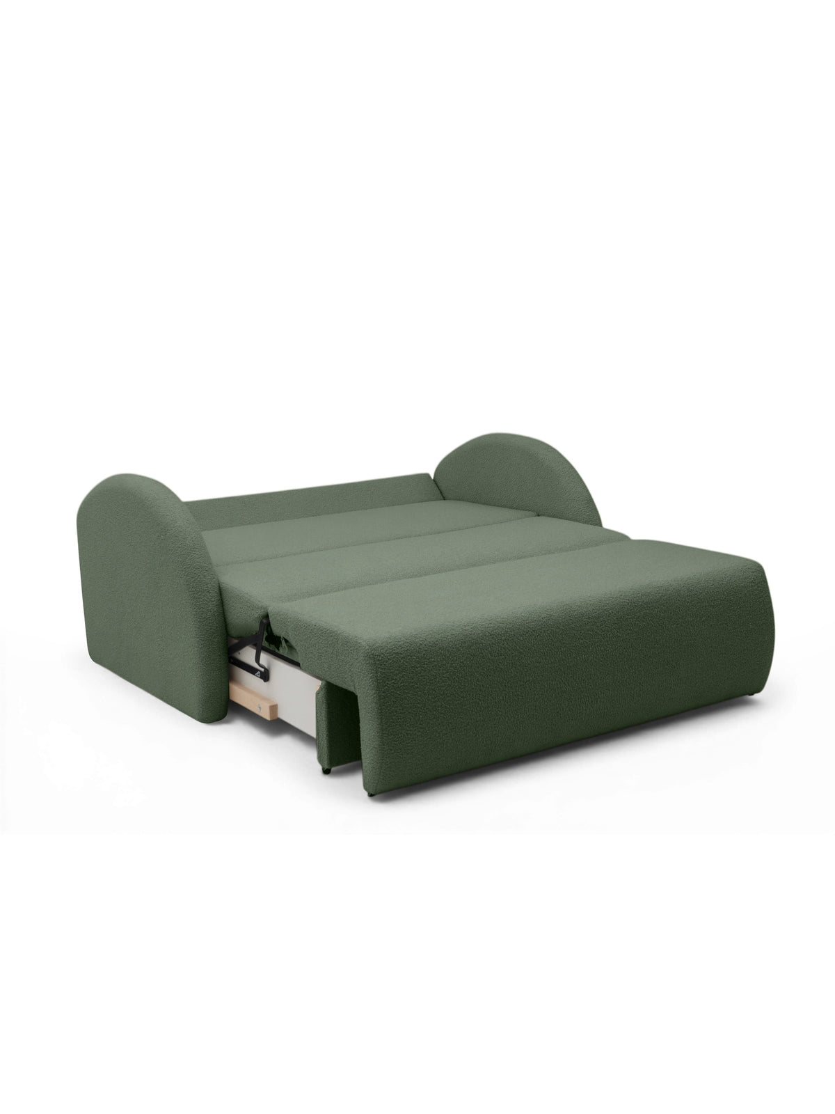 Canapea extensibilă Nubi pentru două persoane verde boucle cu spațiu de depozitare și mecanism Klik-Klak
