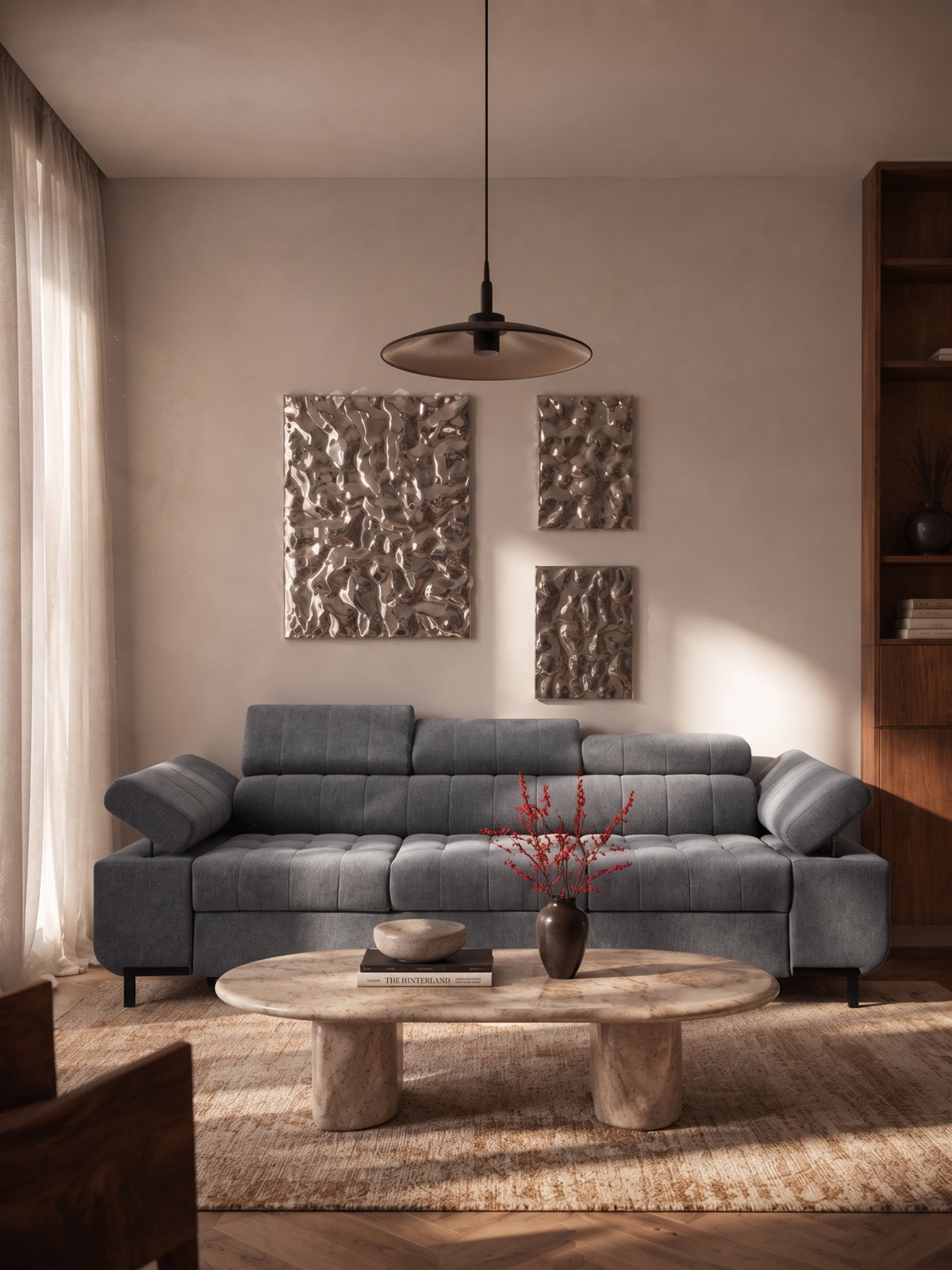 Sofa trzyosobowa Tyrion z funkcją spania w szarym szenilu Vibe 95, widok frontalny