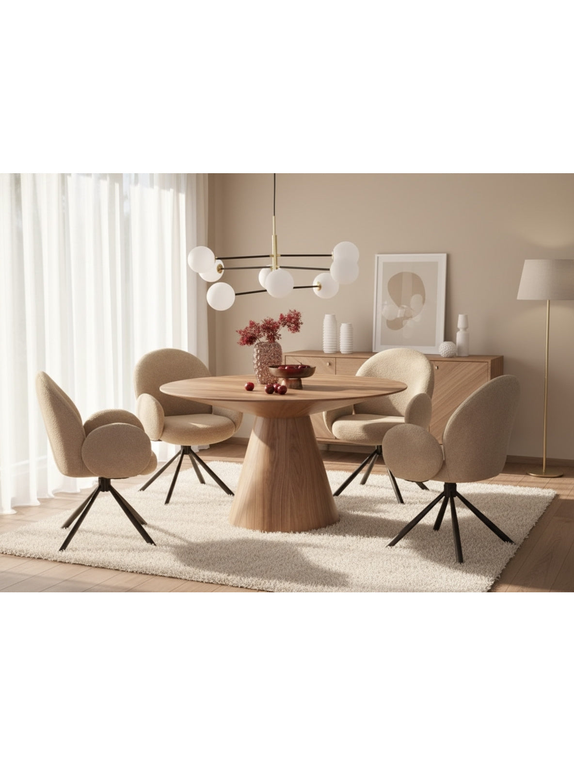Masă rotundă Doran 136 cm nuc cu blat MDF în stil Mid-Century Modern