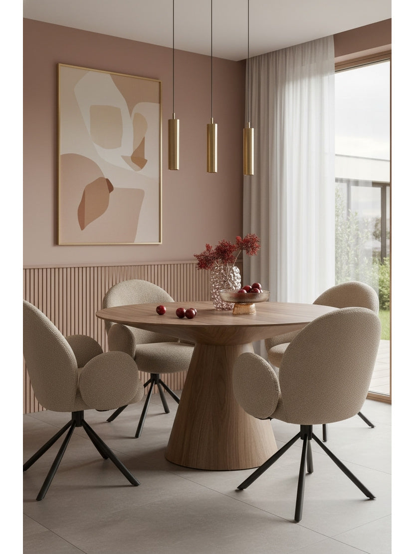 Masă rotundă Doran 136 cm nuc, lemn închis la culoare, stil Modern Organic