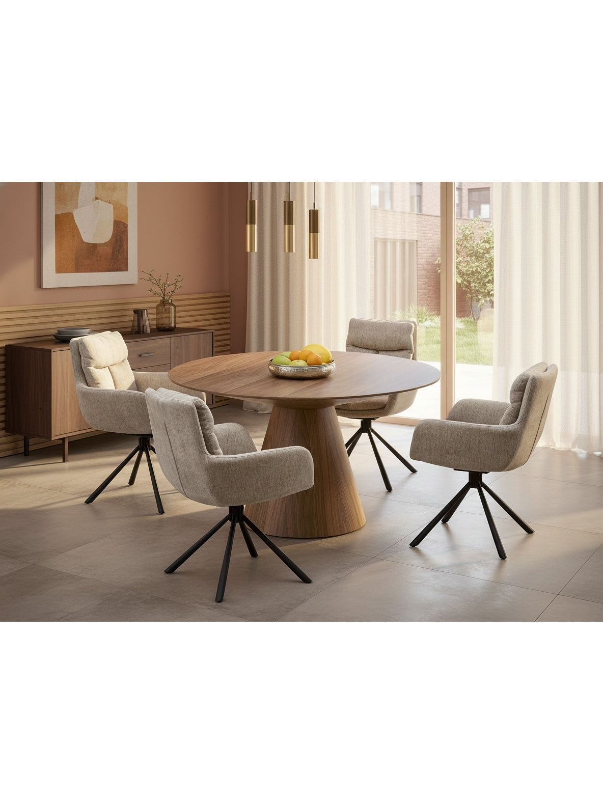 Masă rotundă Doran 136 cm nuc, blat MDF, stil Mid-Century Modern