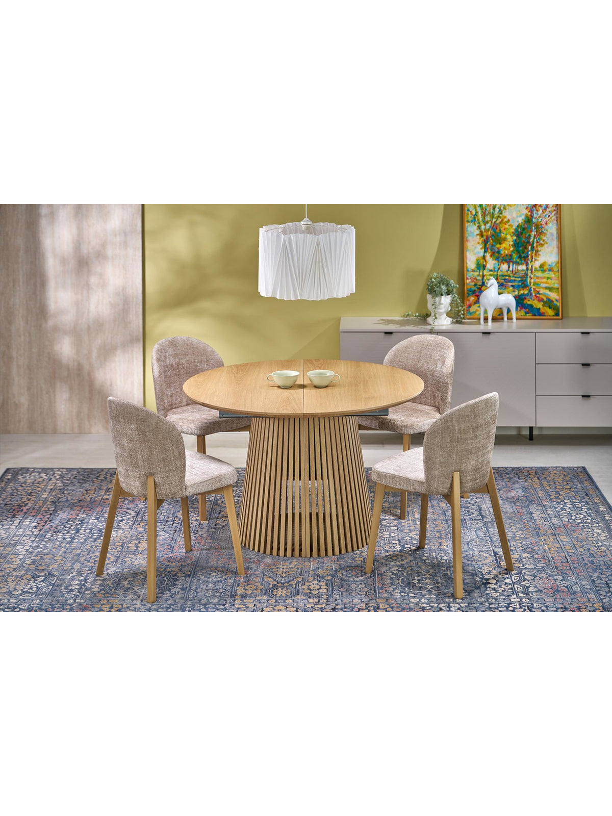 Masă rotundă extensibilă Brevon 120-210x120 cm stejar natural cu picior decorativ