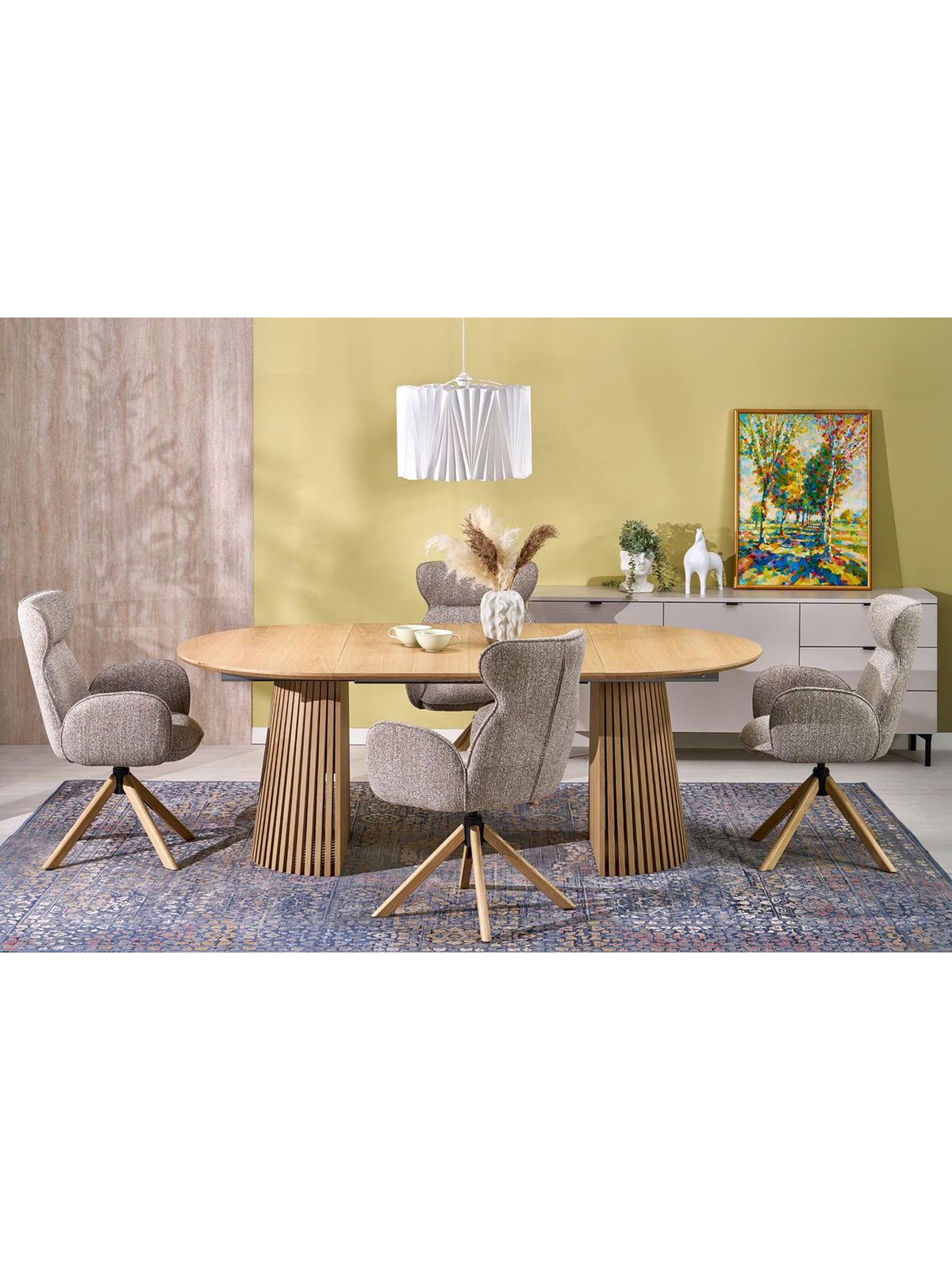 Masă rotundă extensibilă Brevon 120-210x120 cm din stejar natural, vedere pe picioare