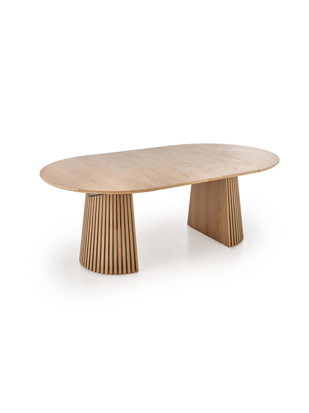 Masă rotundă extensibilă Brevon cu blat oval din stejar natural, vedere laterală pe picioare