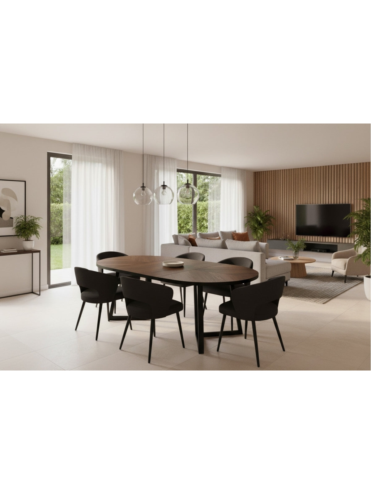 Masă rotundă Cedrus Rozeta 95/150 cm extensibilă, blat stejar belmont cu cadru metalic negru, vedere completă