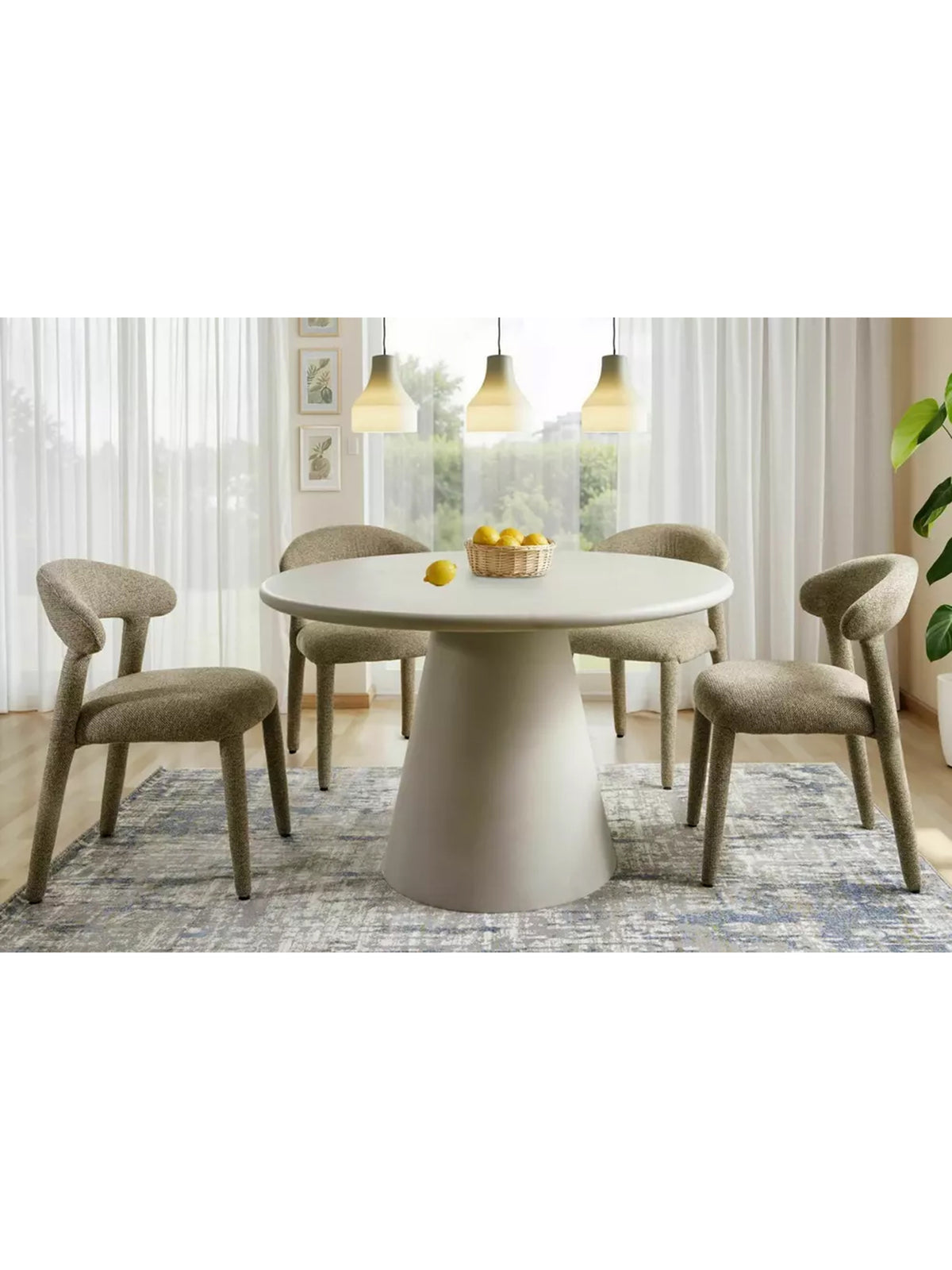 Masă rotundă Clav 120 cm gri deschis cu blat din microciment, stil Japandi